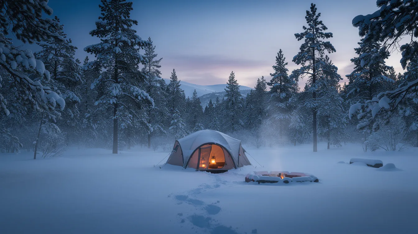 A cozy winter campsite is depicted with an insulated tent set up in fresh snow, surrounded by tall pine trees as dusk approaches. The scene captures the essence of winter camping, showcasing the tent's built-in stove jack and warm interior, ideal for keeping campers comfortable in cold weather.