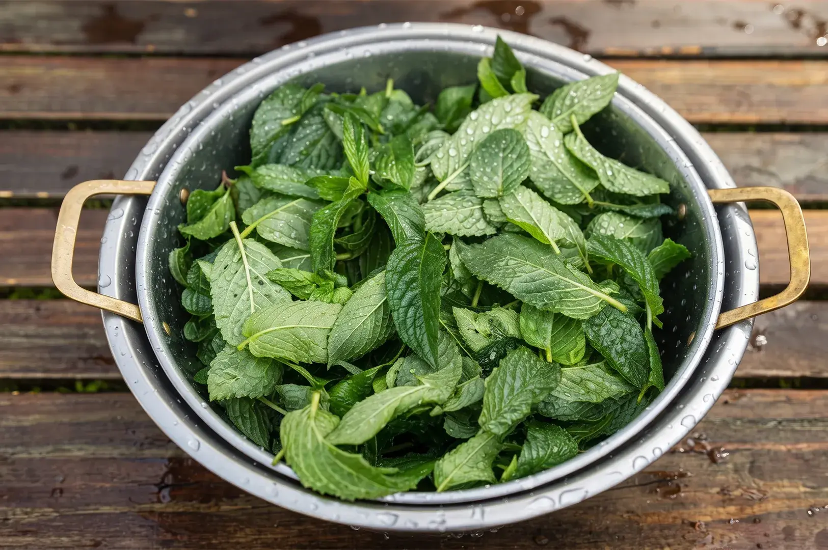 Fresh, wet peppermint leaves inside a metal colander on a wooden table.