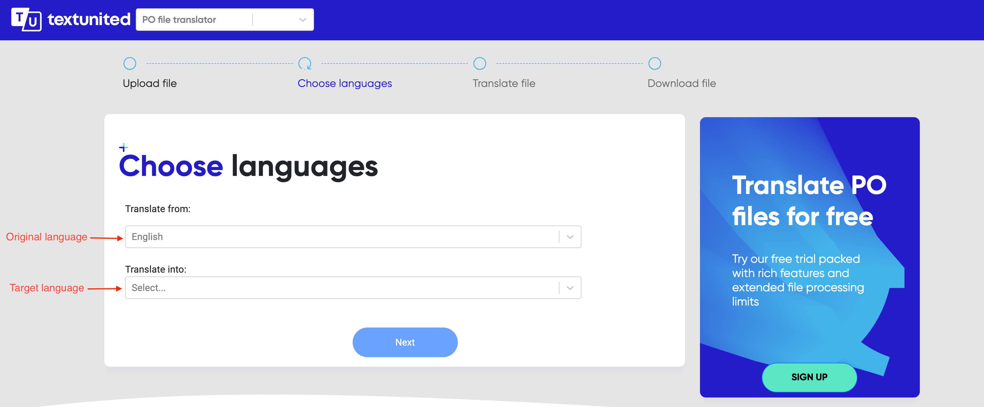 Showing the fields to select the original (source) language and target language of your file