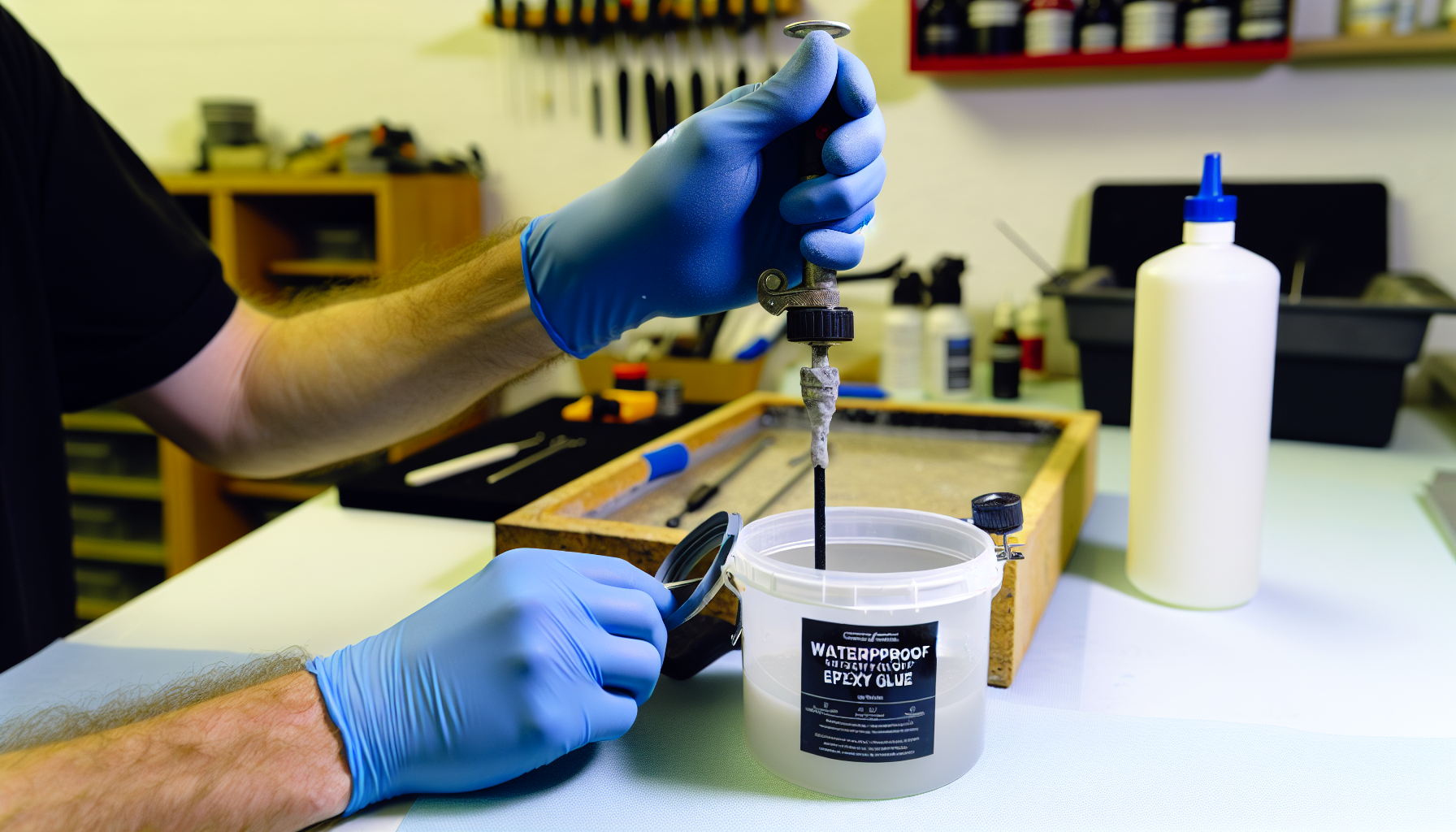 Mixing waterproof epoxy glue components in a container
