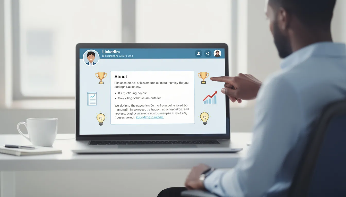 The image illustrates the importance of the About section on a LinkedIn profile, emphasizing how it allows users to showcase their professional brand, achievements, and relevant skills to attract potential employers. It features a well-lit background with a pencil icon, symbolizing the act of crafting a concise summary that enhances profile optimization for better visibility in search results.