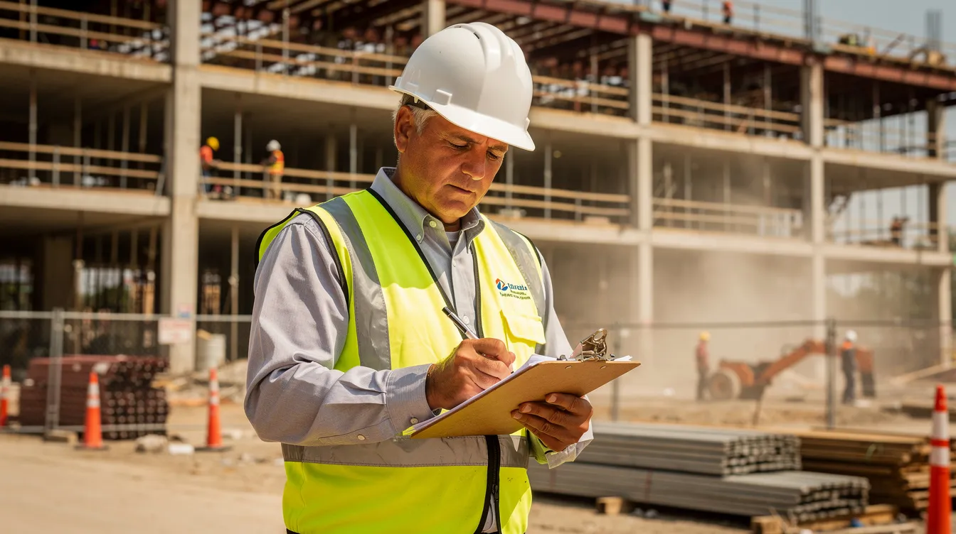 A construction superintendent wearing a hard hat is taking notes on a clipboard at an active commercial job site, assessing the project's progress and potential risks. This scene highlights the importance of effective risk management processes in construction projects, as the superintendent documents details to ensure regulatory compliance and track the project's timeline.