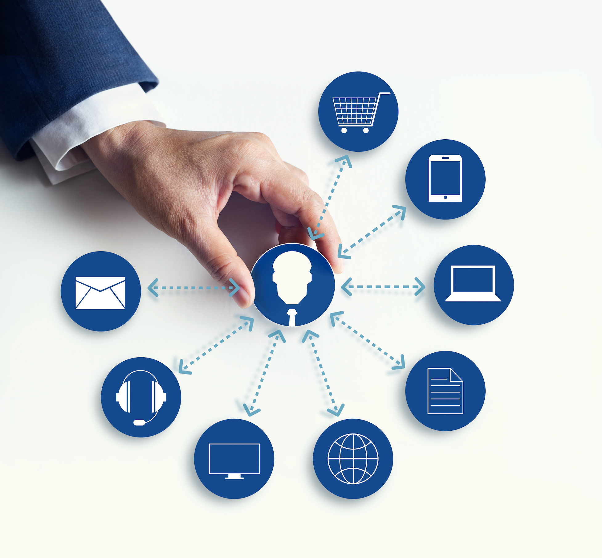 a hand places an icon of a person in the middle of a larger circle containing icons associated with omnichannel marketing