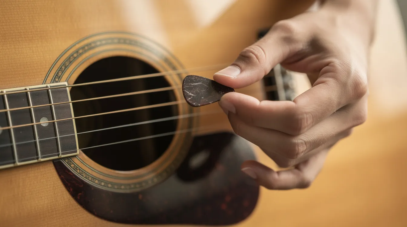 Das Bild zeigt eine Nahaufnahme einer Hand, die einen Plektrum richtig hält, während sie eine akustische Gitarre anschlägt. Diese Technik ist wichtig für Anfänger, die Gitarre spielen lernen und ihre Fähigkeiten im Gitarrenunterricht verbessern möchten.