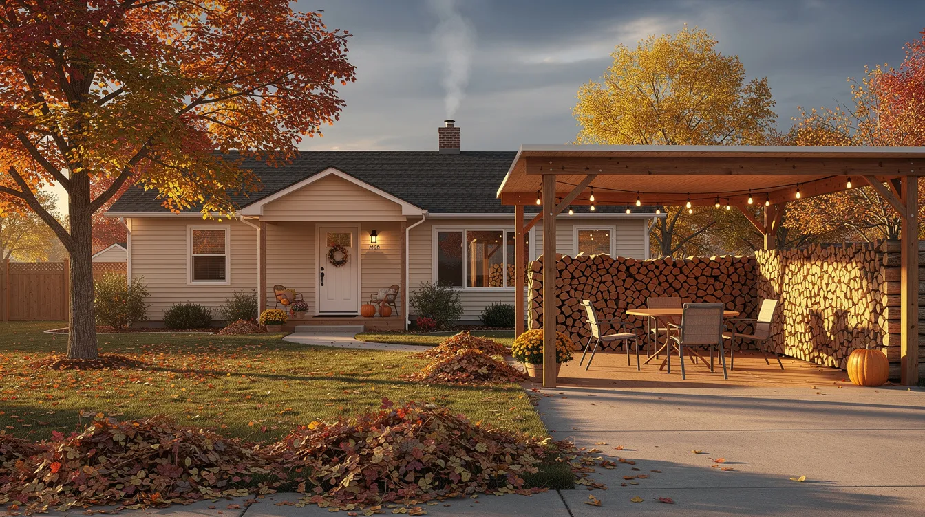The image depicts a cozy home exterior in autumn, featuring a neatly raked yard with colorful falling leaves and a stack of firewood beside a covered patio, suggesting a welcoming space for enjoying warm drinks like hot apple cider as the temperatures drop. This scene embodies essential fall home maintenance tasks, preparing the home for the upcoming winter weather and ensuring a comfortable living space.