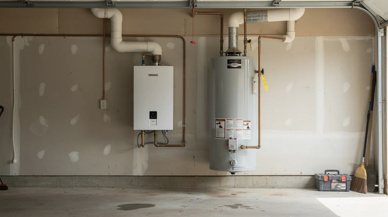 The image shows a residential tankless water heater mounted on a garage wall, positioned next to a traditional tank water heater for comparison. This setup highlights different plumbing systems, showcasing the space-saving design of the tankless water heater, which provides efficient hot water solutions for homeowners in Phoenix, AZ.