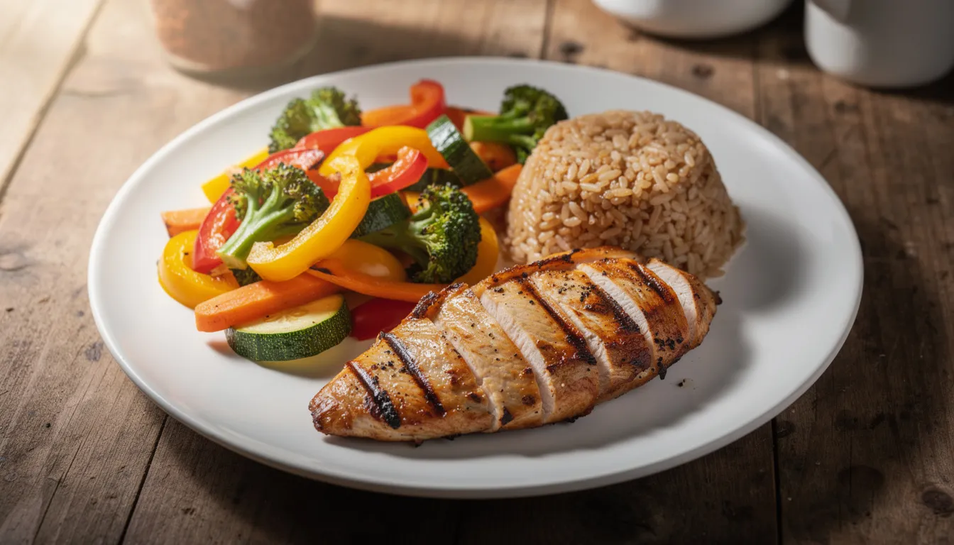 The image features a vibrant plate filled with grilled chicken, colorful roasted vegetables, and a serving of brown rice, all arranged on a rustic wooden kitchen table, showcasing a healthy balanced diet. This meal emphasizes the importance of incorporating various food groups, promoting healthy eating patterns for maintaining a healthy body weight.