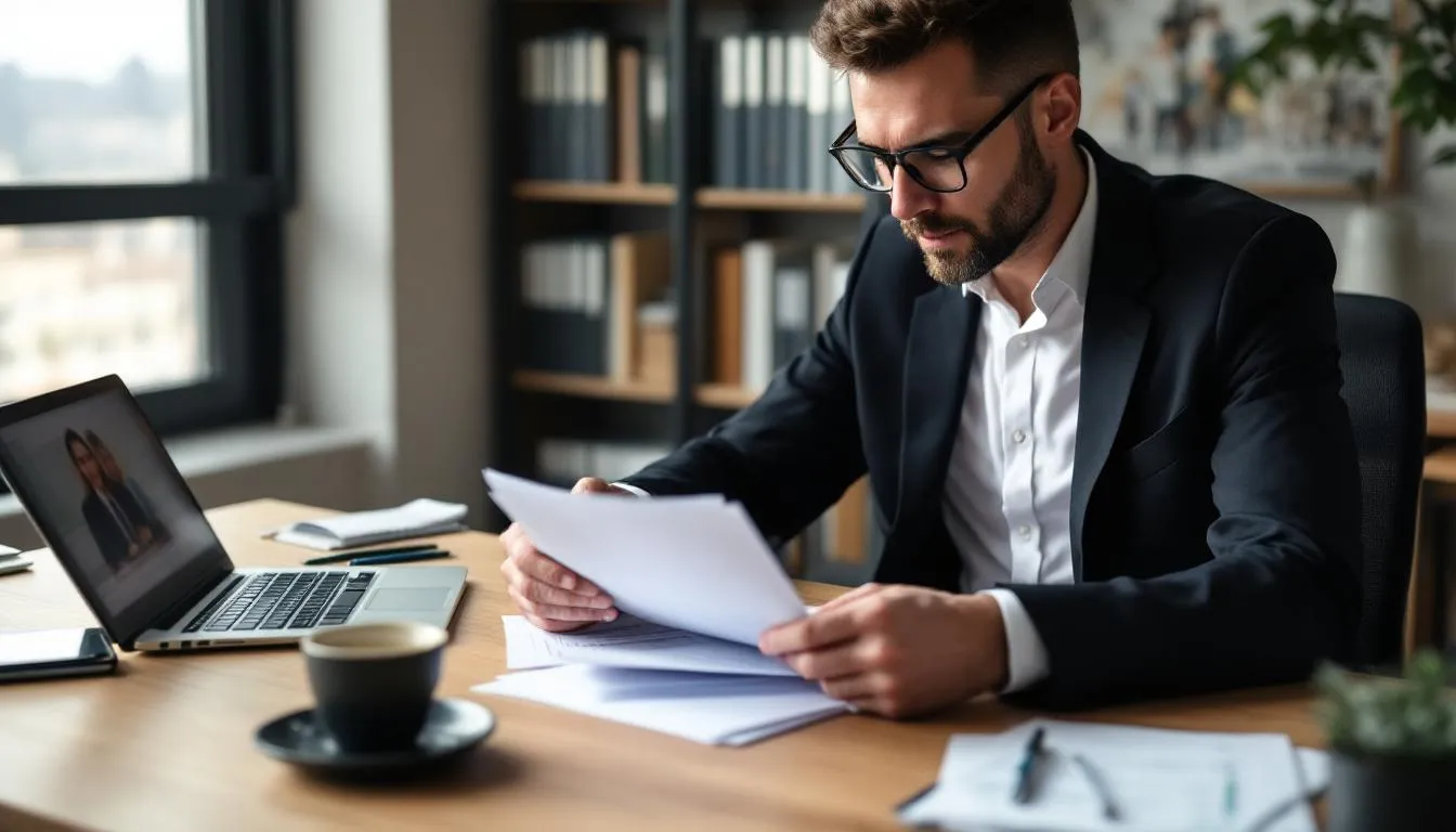 A small business owner is sitting at a desk, reviewing tax documents alongside a calculator and financial statements, focusing on their retirement plan options such as defined benefit plans and 401(k) plans. The scene emphasizes the importance of financial planning and understanding contribution limits for small business retirement plans.