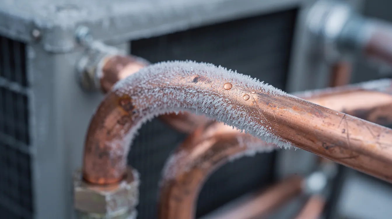 The image shows a close-up view of frost forming on copper refrigerant lines near an indoor HVAC unit, highlighting the effects of cold refrigerant circulating through the system. This frost can indicate issues such as a refrigerant leak or a malfunctioning evaporator coil, which may require professional HVAC technicians for repair or replacement.