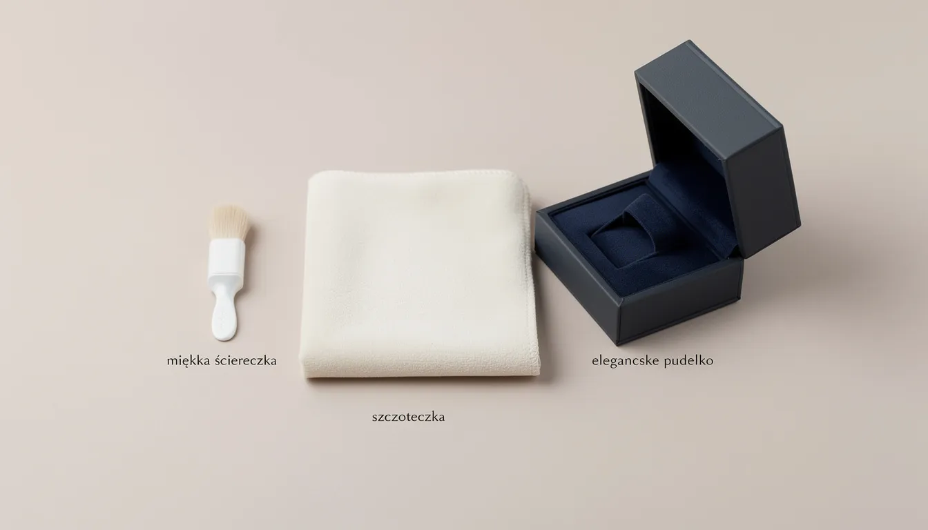Obrączki z białego złota – nowoczesna klasyka na całe życie 14 Na zdjęciu znajdują się akcesoria do pielęgnacji biżuterii, w tym miękka ściereczka, szczoteczka oraz eleganckie pudełko, które pomogą w zachowaniu blasku obrączek ślubnych z białego złota. Te delikatne akcesoria są idealnym wyborem dla osób pragnących dbać o swoją biżuterię i zapobiegać zarysowaniom.