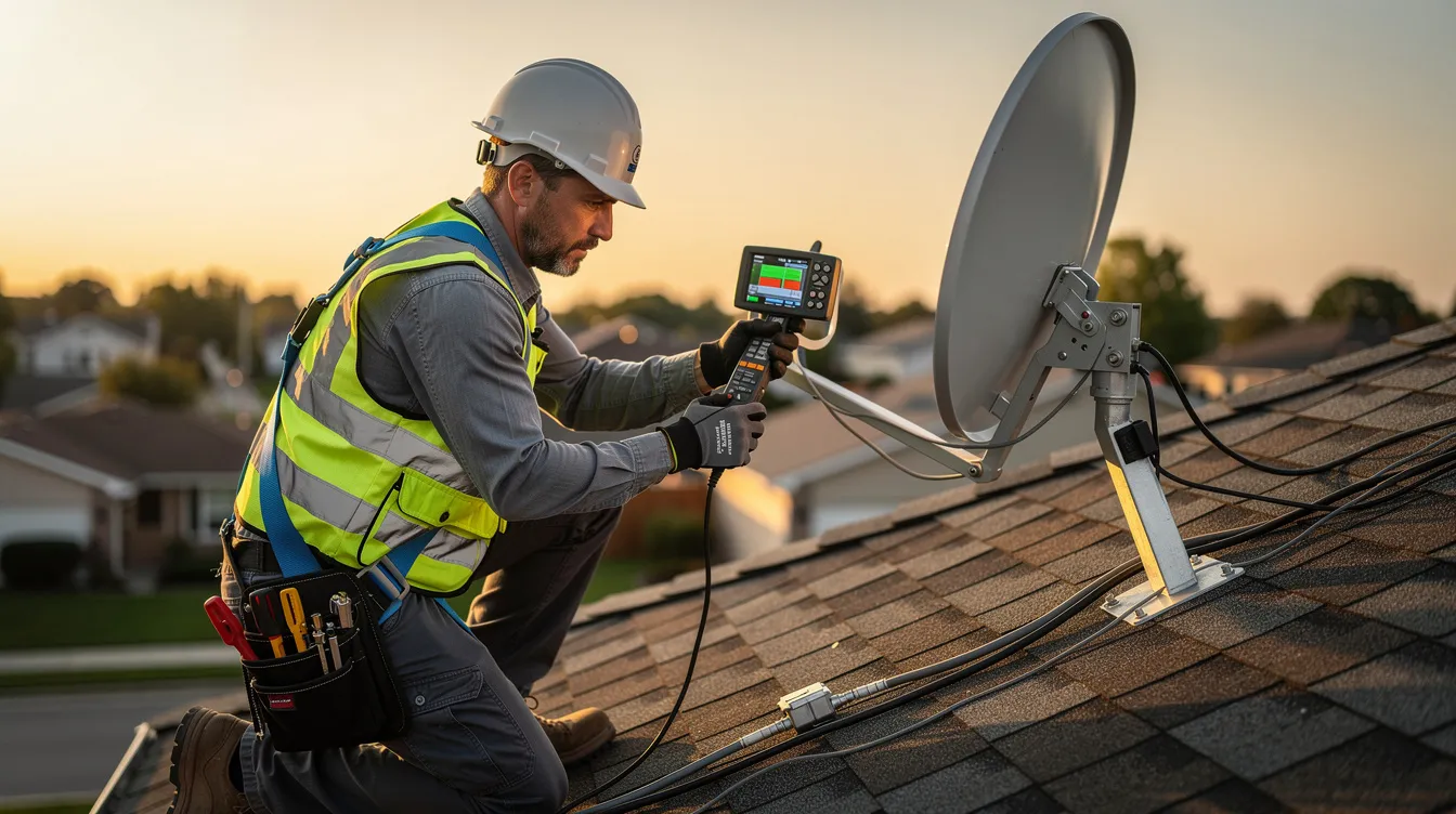 A professional technician is on a roof, carefully aligning a satellite dish using a signal meter to ensure optimal reception. This scene highlights the expertise involved in DSTV installation services, showcasing the importance of accurate dish alignment for reliable signal quality.