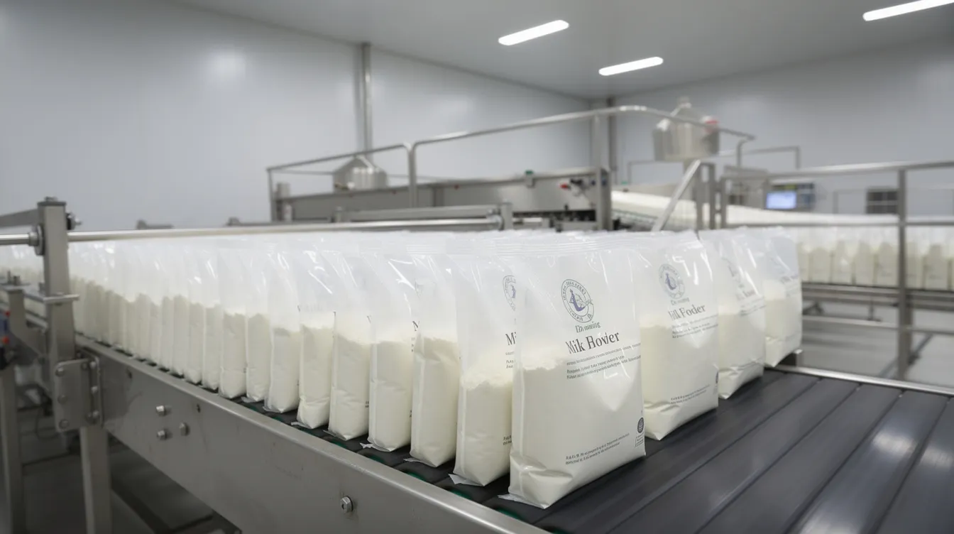 The image shows rows of packed milk powder bags neatly arranged on a conveyor belt inside a modern dairy packaging facility, highlighting the efficiency of the milk powder process in the dairy industry. The scene reflects quality control measures and the advanced machinery used in the milk powder plant for packaging powdered milk.