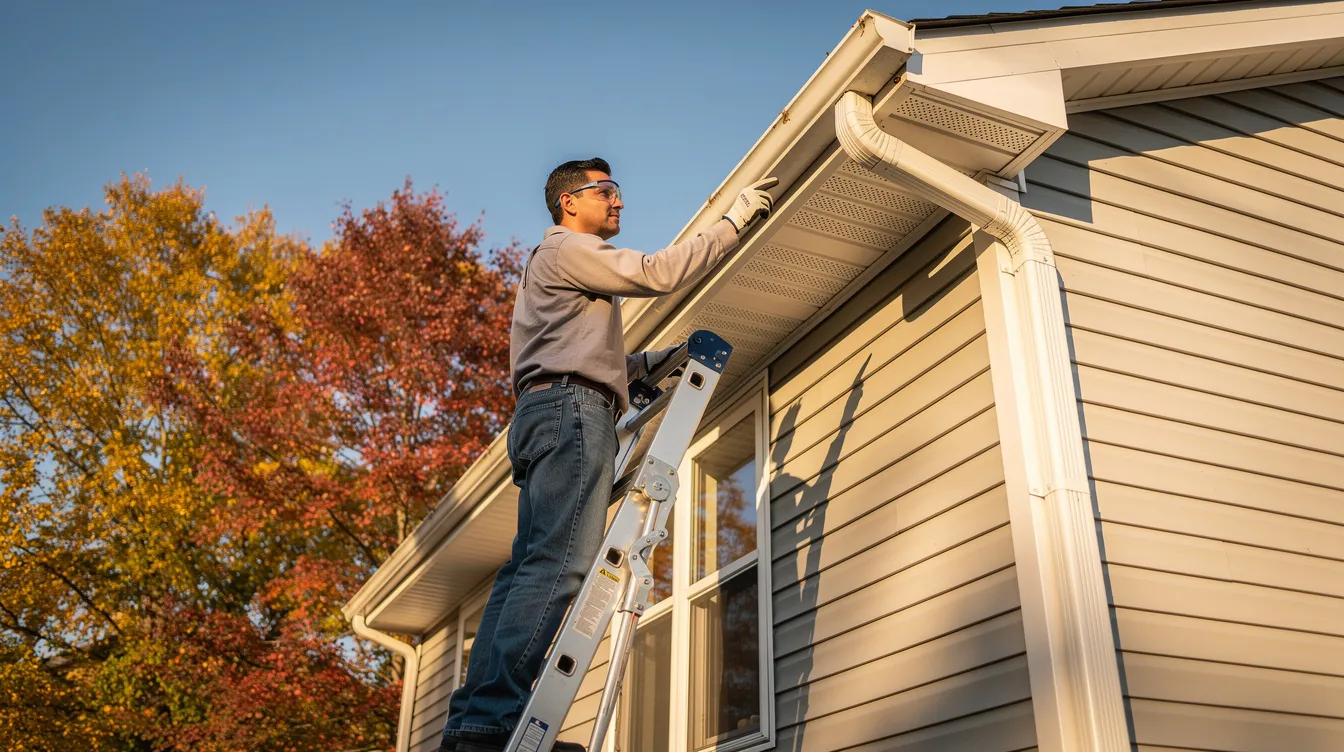A homeowner is using a ladder to inspect the roofline and soffit area of their house on a sunny autumn day, ensuring there are no potential entry points for wildlife intrusions such as bats or raccoons. This proactive step is part of effective pest control services to prevent future issues and protect the property.