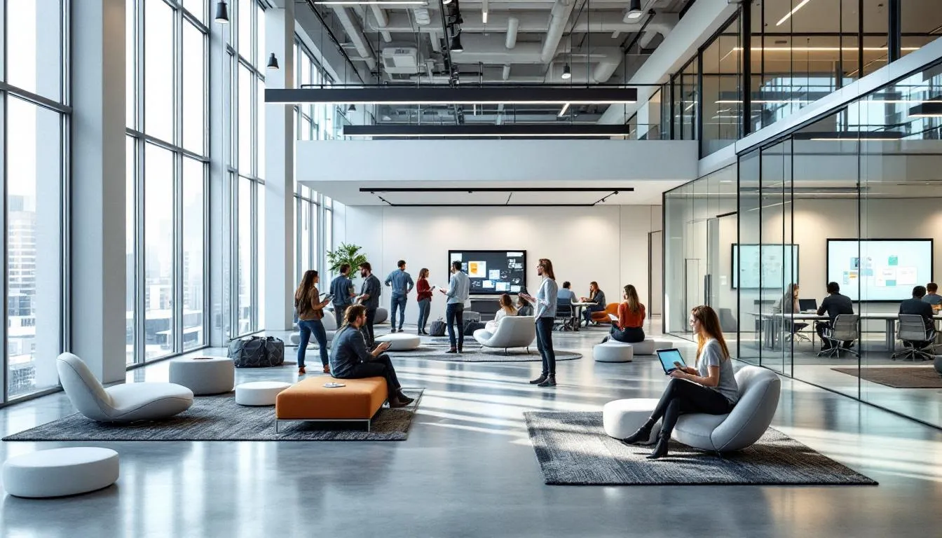 In the image, a modern workplace environment is depicted featuring collaborative spaces with comfortable seating, large screens, and advanced technology, fostering teamwork and creativity. This setting is ideal for successful leadership development programs, where employees engage in continuous learning and enhance their leadership skills to become future leaders.