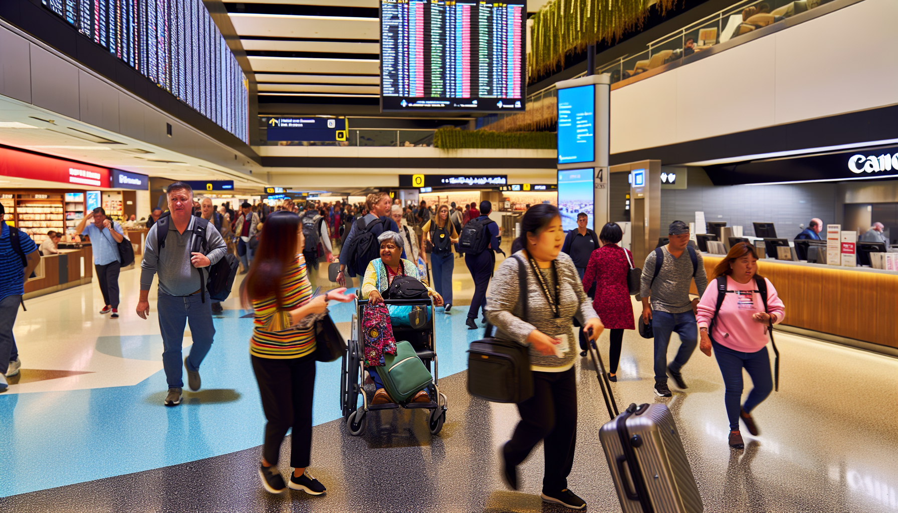 Busy airport terminal with passengers and airline staff