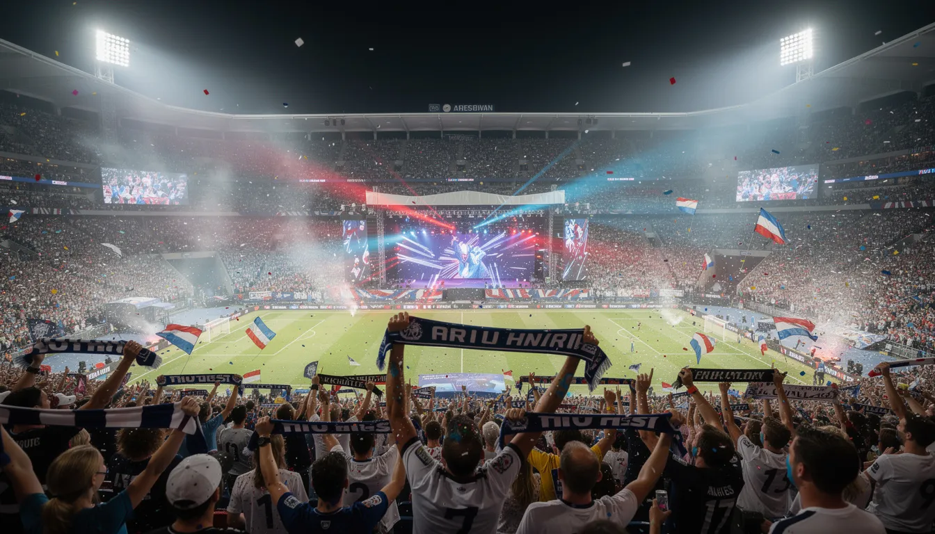 The image depicts a vibrant football stadium at night, filled with enthusiastic fans celebrating under colorful stage lights. The atmosphere is electric, reminiscent of moments from the Super Bowl halftime show, where performers like Bad Bunny captivate the audience with music and energy.