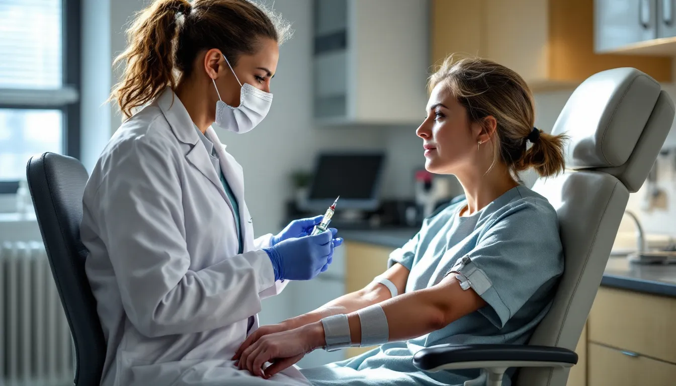In a clinical setting, a certified phlebotomy technician demonstrates the proper blood collection technique to a patient, showcasing essential phlebotomy skills. This hands-on experience is crucial for prospective and returning students in a phlebotomy program, providing valuable insights into blood tests and specimen processing.
