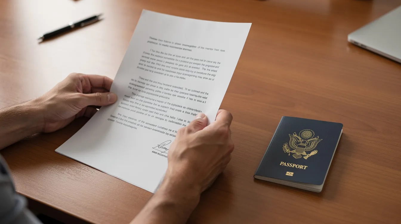 A pair of hands holds a printed document labeled as an approved e-visa next to a passport on a desk, suggesting the completion of the application process for a visa. The scene conveys the necessary steps an applicant must take in the visa system.