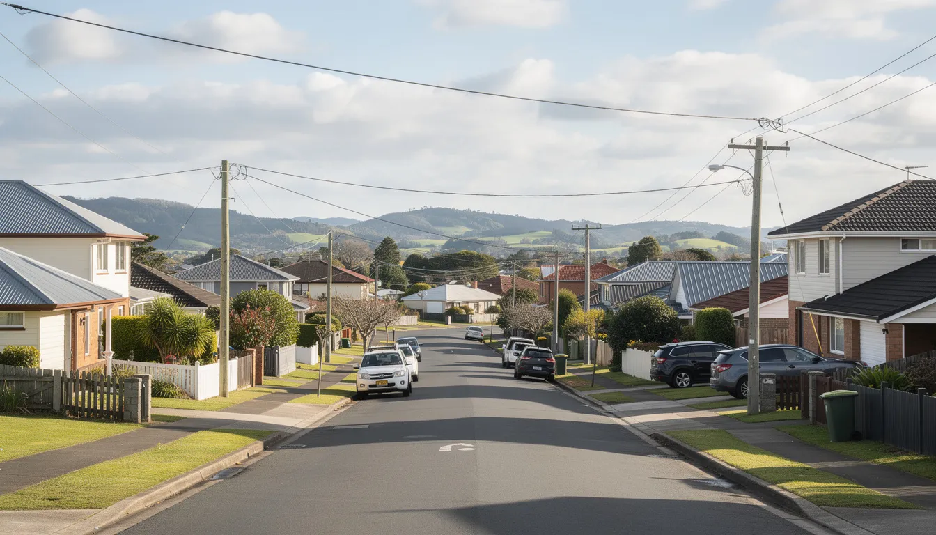 The image depicts a suburban street in South Auckland, showcasing a variety of residential homes with different roofing styles, including metal roofing and tile roofs made from concrete and clay tiles. This diverse array of roofing materials highlights the options available for roof replacement and installation in the region, reflecting the different roofing needs of local homeowners.