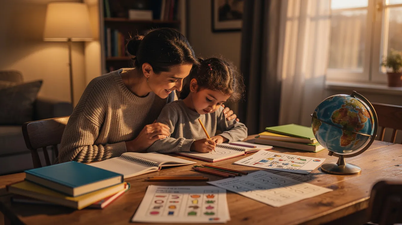 A parent and child are engaged in joyful learning at a table, surrounded by educational materials under warm lighting. This collaborative environment fosters cognitive development and promotes essential skills such as problem-solving and focus, highlighting the importance of family support in individual literacy learning.
