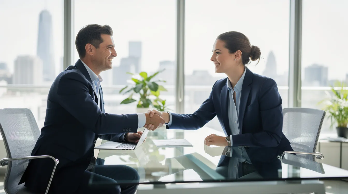 In a modern office, a professional advisor and a client are shaking hands, symbolizing a successful business agreement. The scene reflects a positive interaction in the financial sector, possibly related to low-interest loan products and the quick approval process for online loans in Hong Kong.