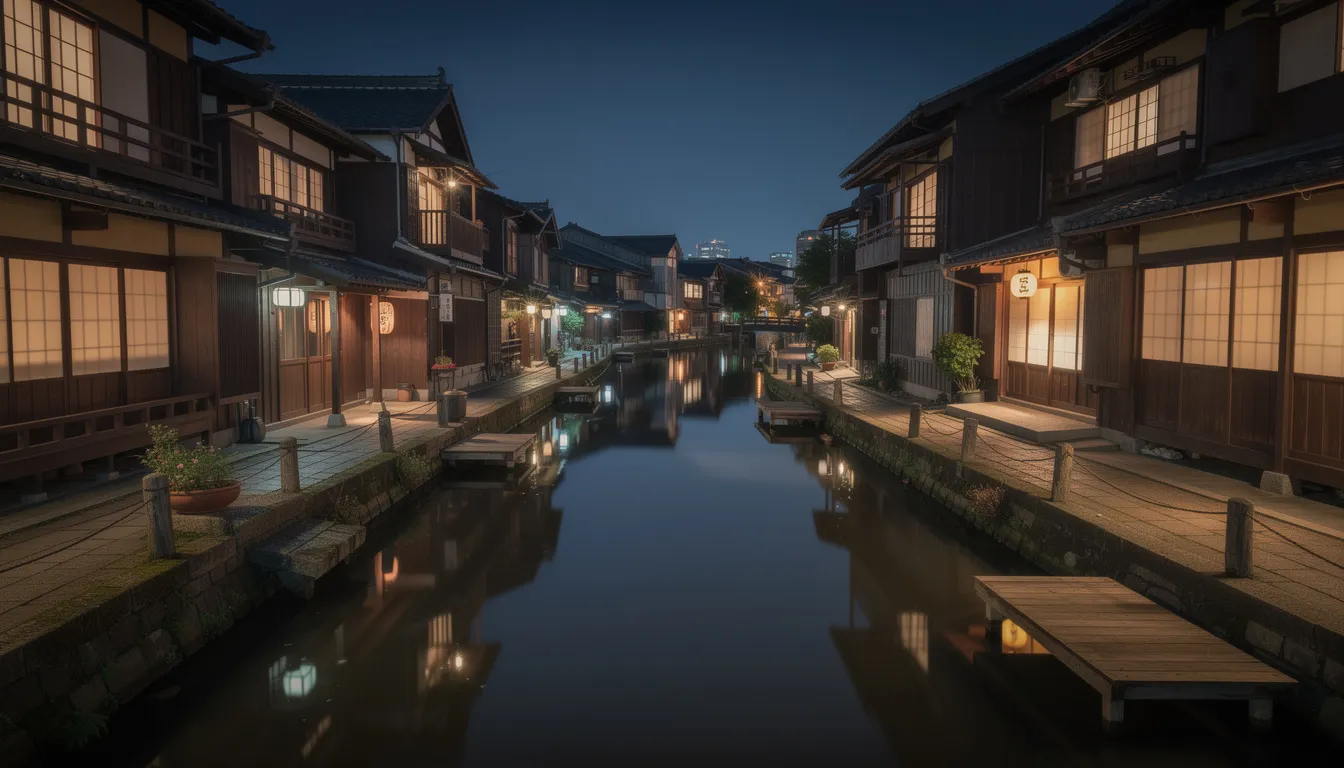La imagen representa un sereno canal japonés de noche, donde los edificios tradicionales de madera se reflejan bellamente en el agua tranquila, iluminados por el cálido resplandor de faroles visibles a través de delicadas pantallas de papel. Esta escena tranquila evoca la esencia de los grabados japoneses y el arte de Hasui Kawase, capturando la atmósfera pacífica de la vida cotidiana en un grabado paisajístico.