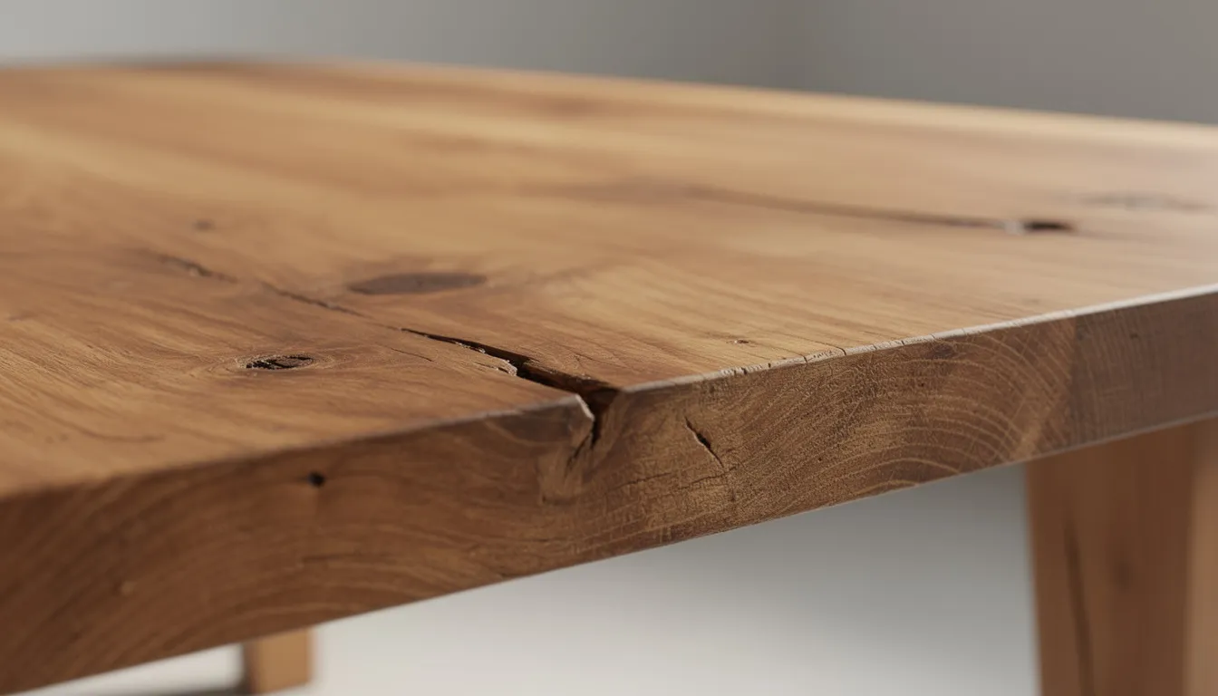 Close-up van een massief eiken tafelblad met een rijke houtnerf en natuurlijke textuur, die de uitnodigende uitstraling van een ovale eettafel benadrukt. Deze unieke tafel is een echte eyecatcher in elke eetkamer en past perfect bij verschillende interieurstijlen.