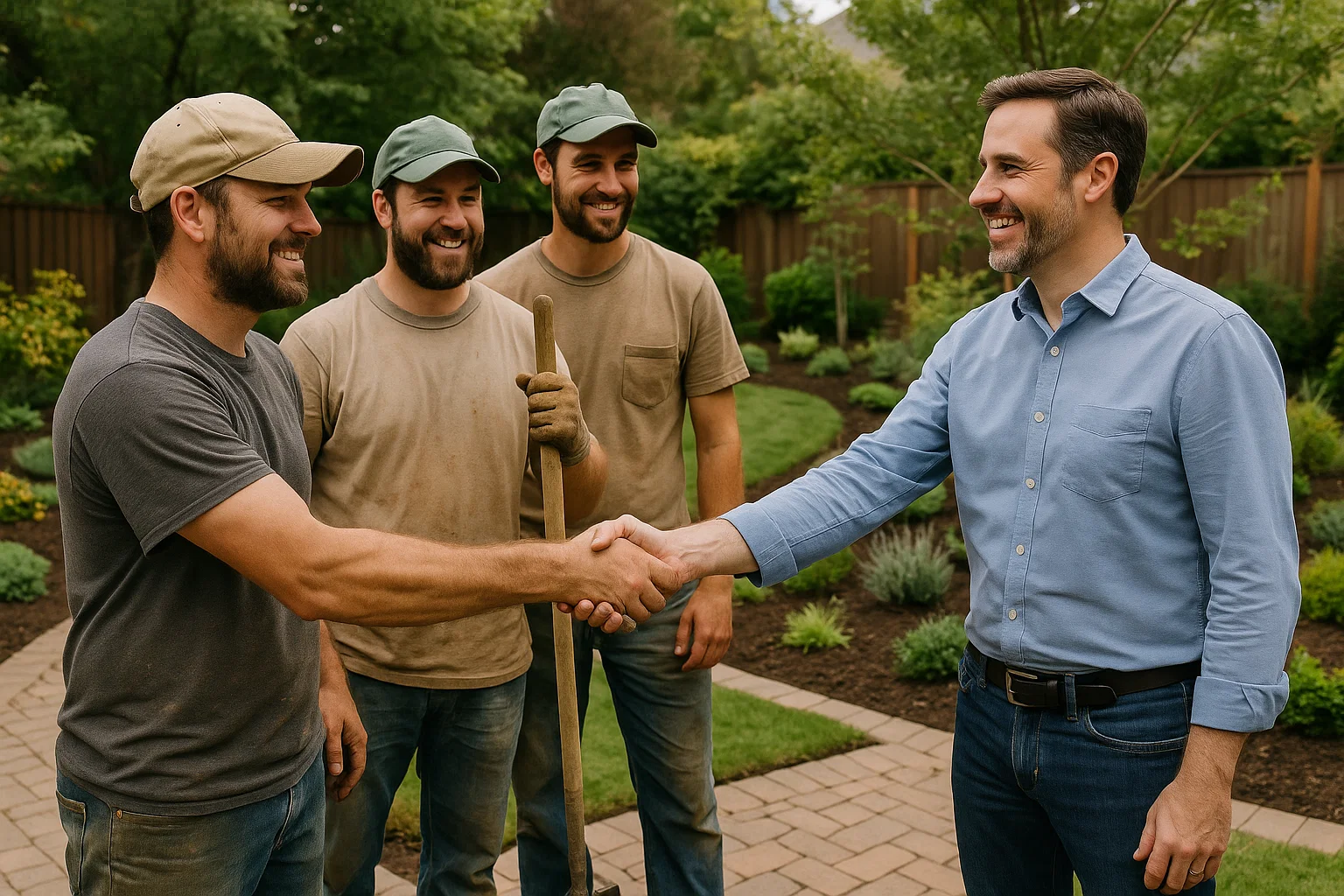 Landscaping team celebrating project completion with a satisfied customer.