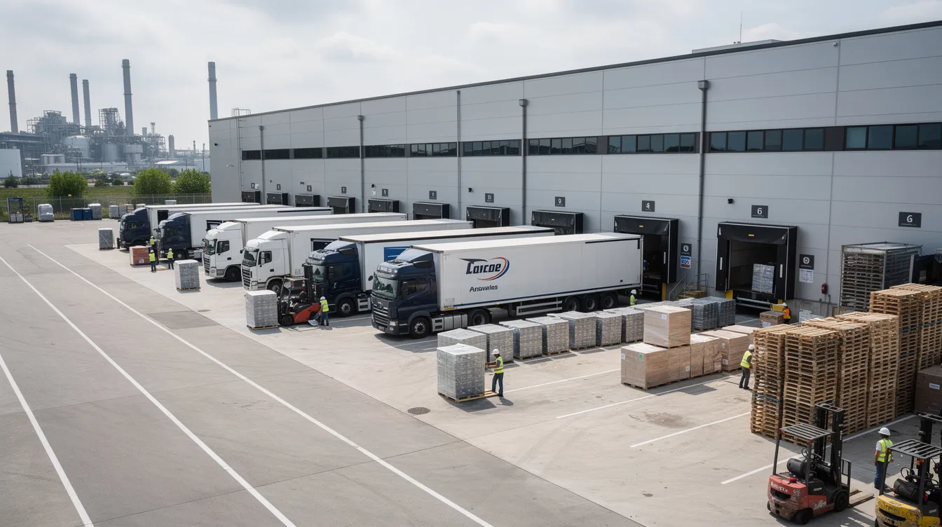 f859742f ede2 4b84 ac61 eb149dd96cfb The image depicts a large warehouse facility situated in an industrial area, with several trucks being loaded for distribution. This setting reflects the strong infrastructure and operational capabilities essential for local businesses and aspiring entrepreneurs in the competitive market of Indore.