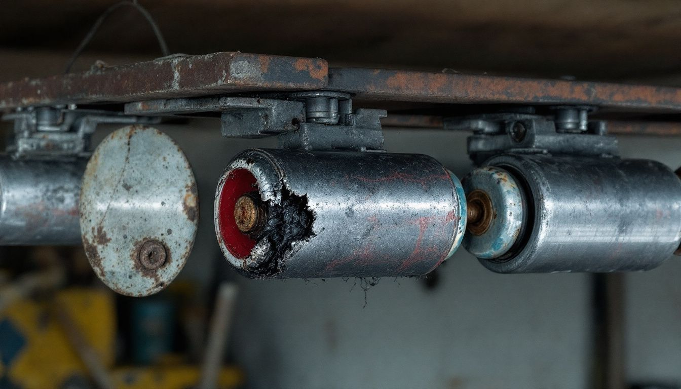 Worn garage door rollers are a visual sign that they need to be replaced.