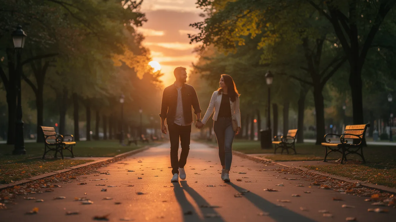 A calm couple strolls hand-in-hand through a quiet park, bathed in the warm hues of sunset, symbolizing the beauty of healthy relationships. Their presence evokes a sense of emotional well-being, contrasting with the complexities of toxic relationships and the importance of establishing healthy boundaries.