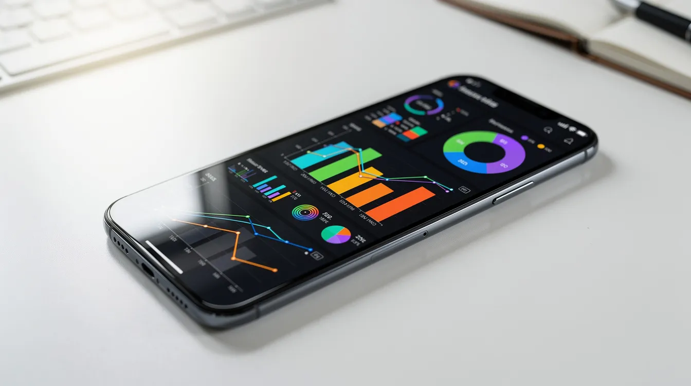 The image shows a smartphone with vibrant data visualization charts displayed on its screen, illustrating key metrics and trends that could aid in understanding the dating process and enhancing the dating life. These colorful graphics could represent insights into intentional dating, helping individuals find the right match and build meaningful relationships.