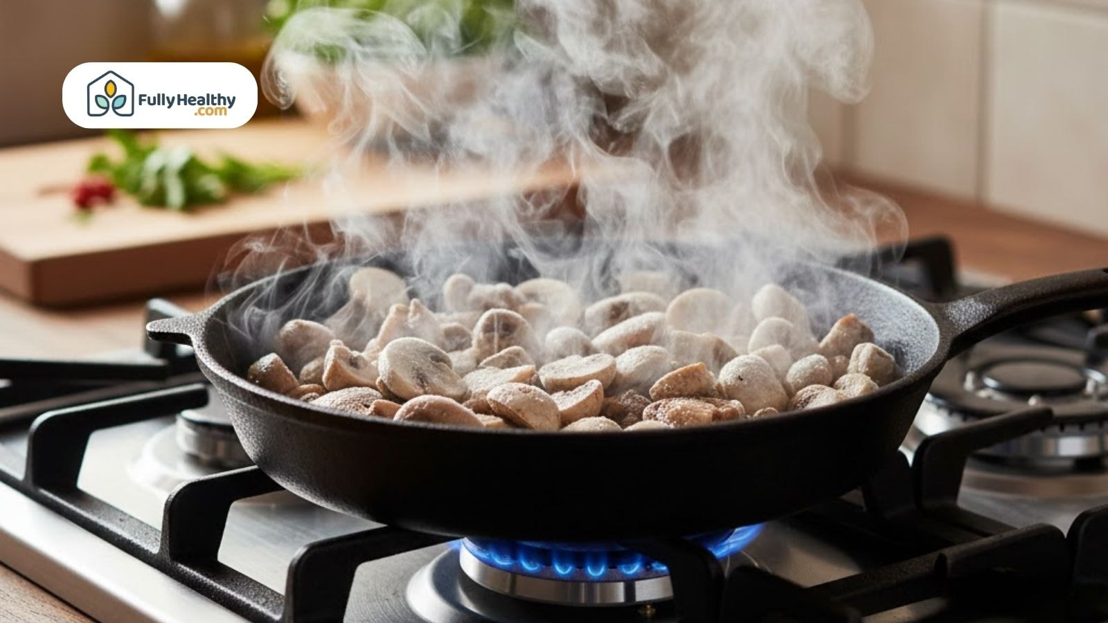 Sautéing frozen mushrooms in a hot skillet on a gas stove.