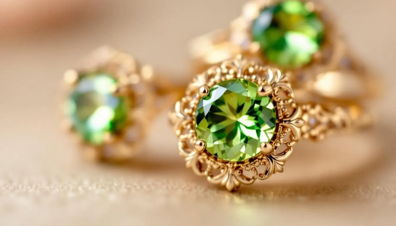 The image features a stunning gold-plated peridot jewelry set, including a bracelet, ring, earrings, and a necklace, all showcasing vibrant green peridot stones that add a chic touch of color. The pieces are elegantly designed, reflecting light and sparkle, making them ideal for enhancing any outfit.