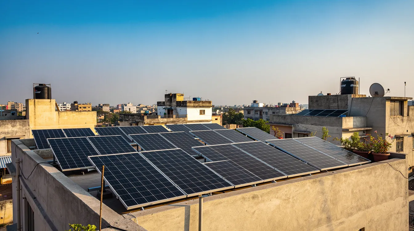 f8628039 66a0 4b60 9070 daf2dd530f5d The image shows rooftop solar panels installed on a residential building in India, set against a clear blue sky, highlighting the growing trend of renewable energy solutions in the electrical industry. This installation represents an efficient electrical business idea that contributes to energy efficiency and sustainability in urban areas.