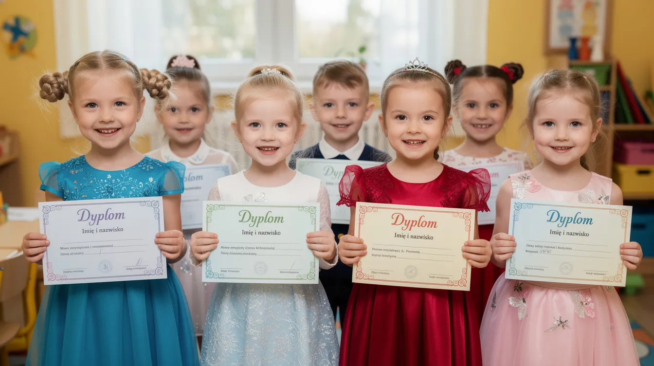 Na zdjęciu widzimy małe dzieci w odświętnych ubraniach, kt&oacute;re z uśmiechami trzymają kolorowe papierowe dyplomy ukończenia żłobka. Stoją w rzędzie, celebrując zakończenie etapu przedszkolnego i pożegnanie z czasem dziecinnych zabaw.