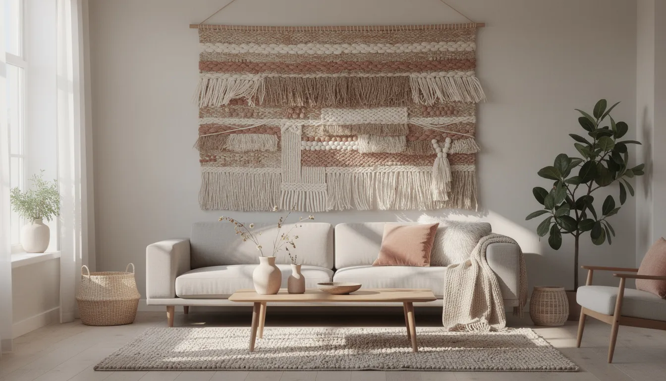 A textured woven wall hanging made from natural fibers adds a touch of warmth and visual interest to a contemporary living room, serving as unique wall decor that complements the overall style of the space. This handcrafted piece enhances the room