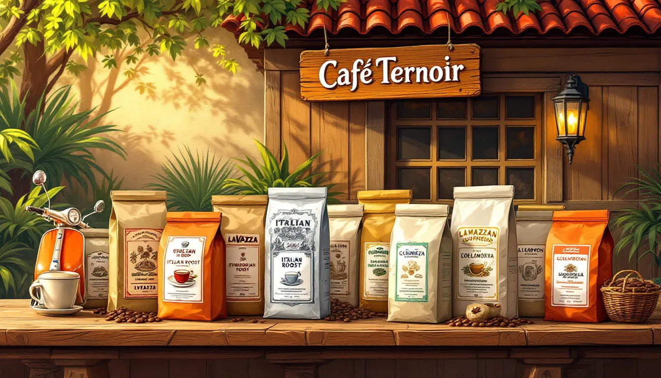 Various popular whole bean coffee brands on display.