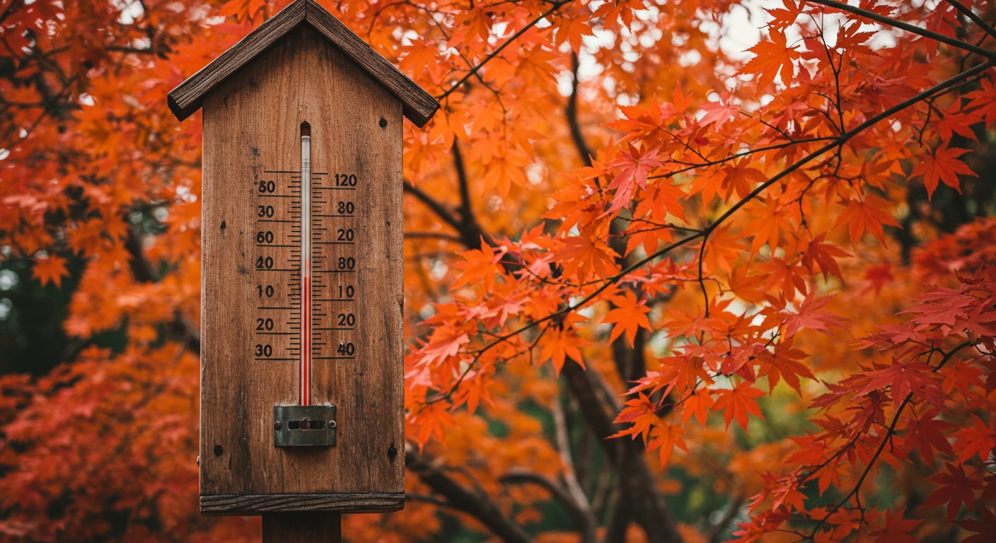 [IMAGE: Traditional wooden thermometer against autumn maple backdrop.