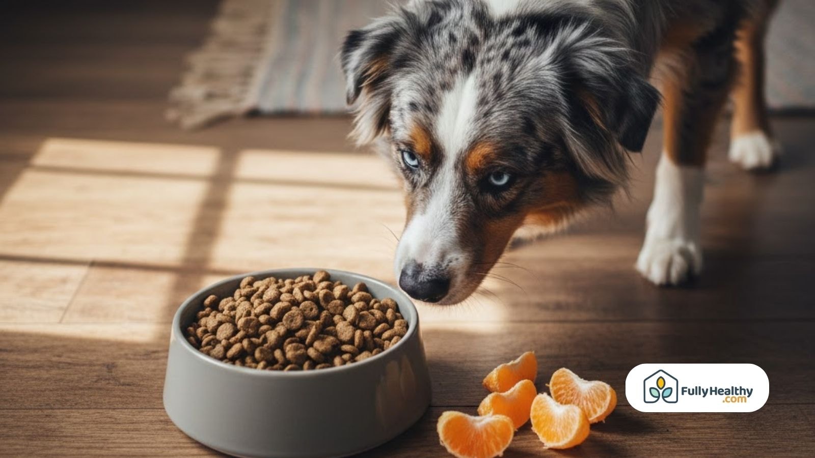 Dog staring at a bowl of dog food with some oranges on the side