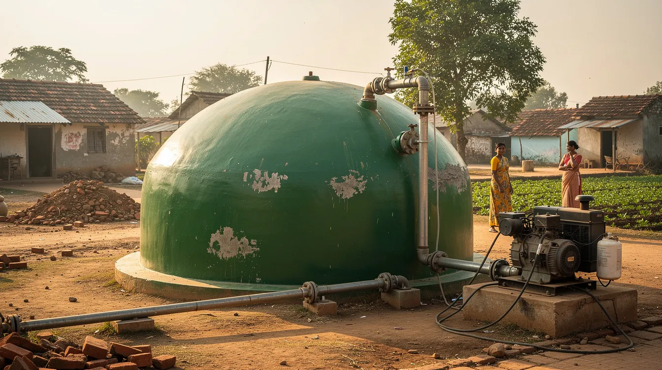 f8648517 d52f 4049 b16c 179880d76160 The image features a green biogas plant dome situated in a rural Indian village, surrounded by pipes and a small engine, highlighting sustainable farming practices and the use of cow dung as a renewable energy source for biogas production. This eco-friendly facility represents innovative approaches to organic farming and the utilization of cow dung for organic fertilizers.