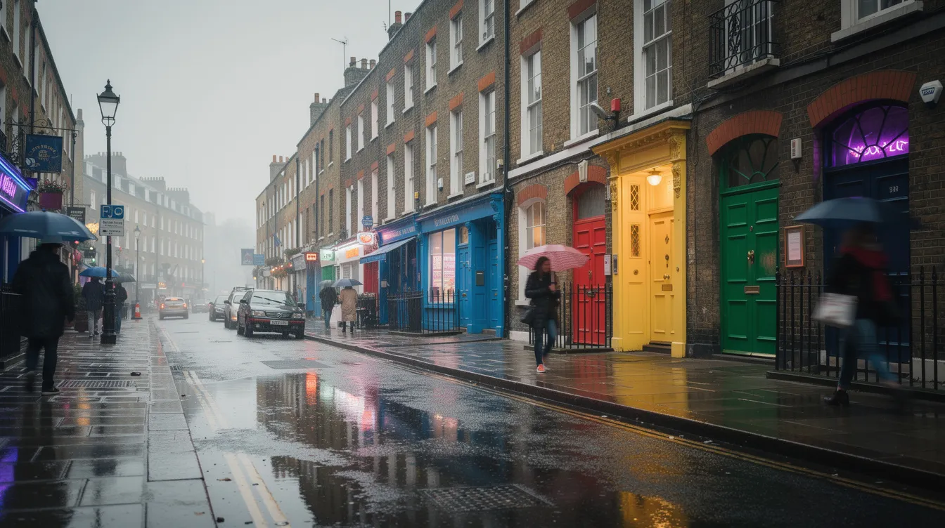 The image depicts a vibrant city street adorned with colorful Georgian doors, where pedestrians are walking under umbrellas on a rainy day. This lively scene captures the essence of urban life, reflecting the charm of the architecture and the resilience of people navigating through the weather.