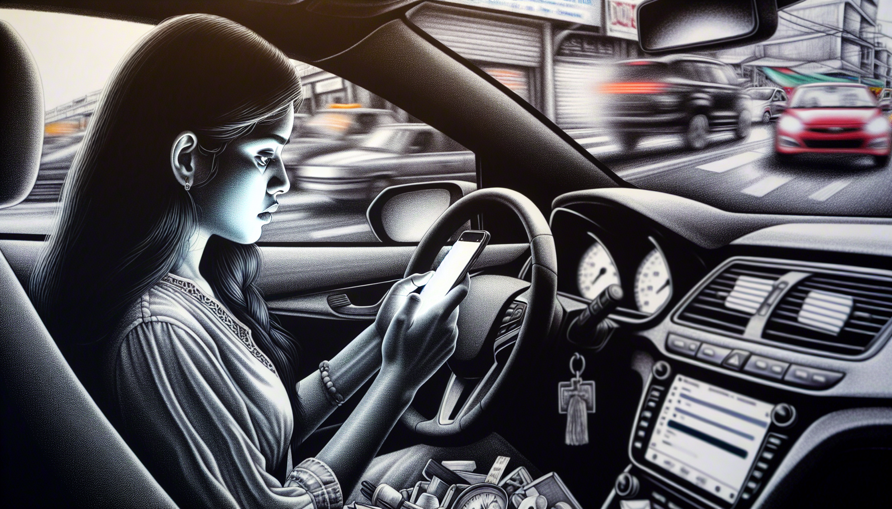 An illustration of distracted driving as a leading cause of car accidents.
