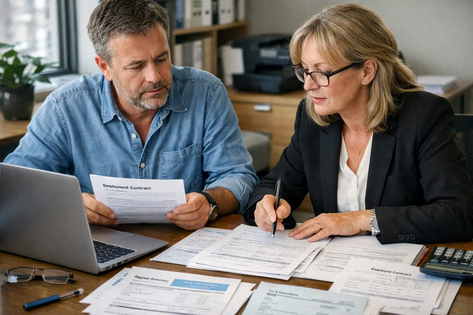 Accountant reviewing employee payroll records and employment status documents with a business owner.