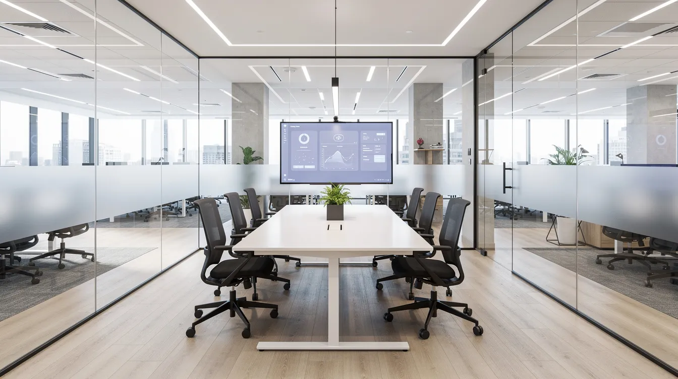 A clean, modern tech office meeting room features sleek glass walls, allowing natural light to fill the space. The room is organized and free of clutter, showcasing the importance of professional office cleaning services for maintaining a productive environment.