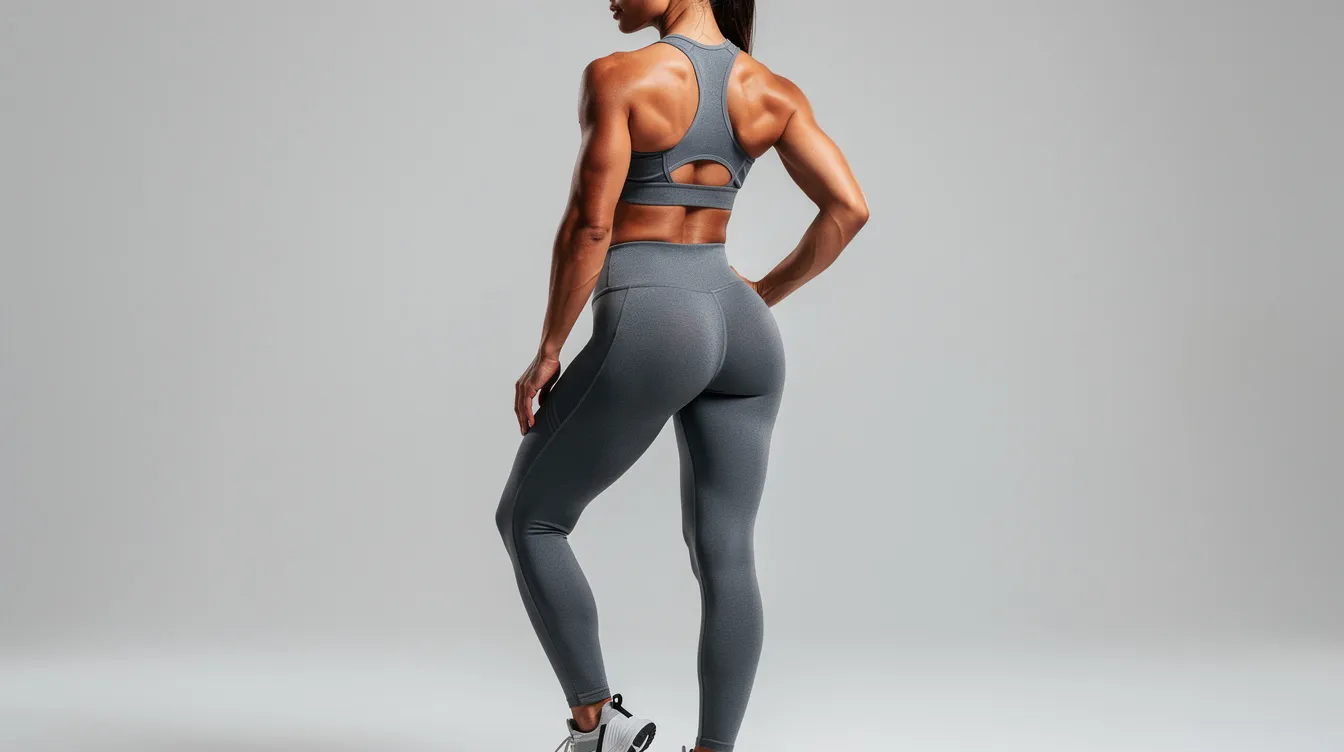 A woman in athletic wear stands confidently, showcasing her natural proportional curves from behind, highlighting the results of a liquid BBL treatment. The image emphasizes her toned physique and smooth skin texture, suggesting a non-surgical alternative for body contouring with minimal downtime.
