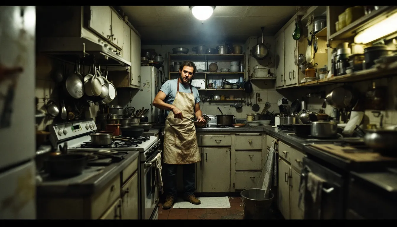 In the image, a person is cooking in a cramped kitchen with limited countertop space and a poorly designed layout, making meal prep challenging. This outdated kitchen highlights the need for a remodel to improve functionality and traffic flow, potentially increasing the home's resale value.