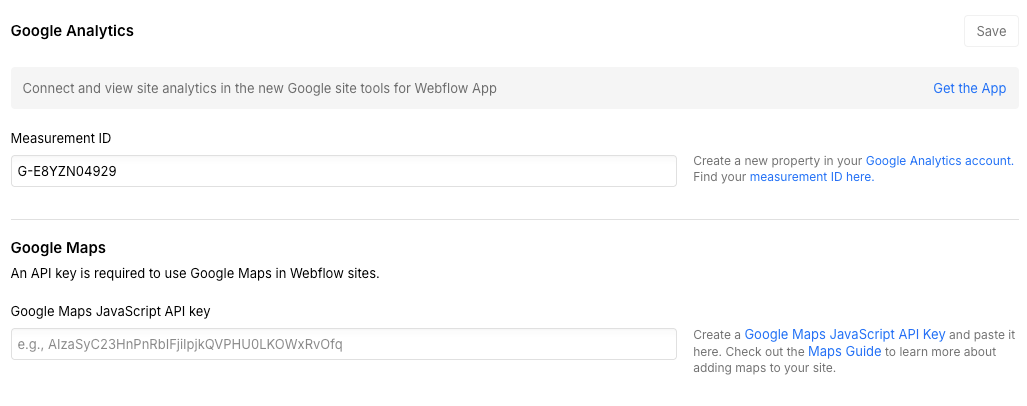 Webflow Integrations settings screen showing Google Analytics configuration with a measurement ID field and Google Maps section for adding a JavaScript API key.