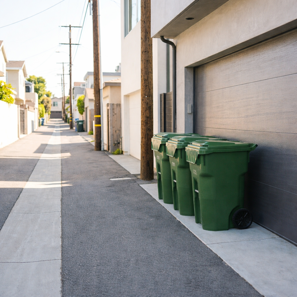 Waste bins neatly placed against a property line in a narrow Manhattan Beach Sand Section alleyway.