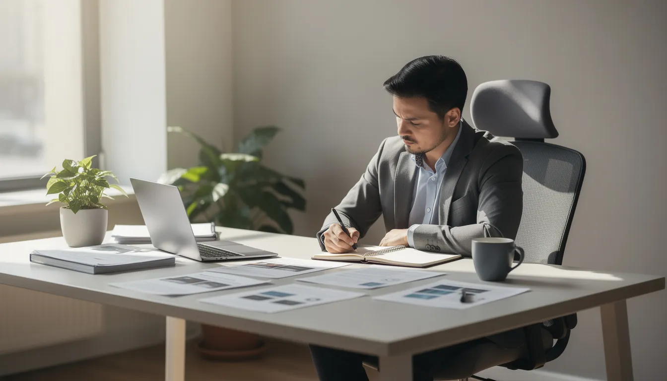 A person is seated at a desk, focused on a laptop while reviewing documents and taking notes, illuminated by natural light streaming in from a nearby window. The scene conveys a sense of productivity and organization, highlighting the importance of transparency and quality in the analysis of nmn products and their claimed amounts.